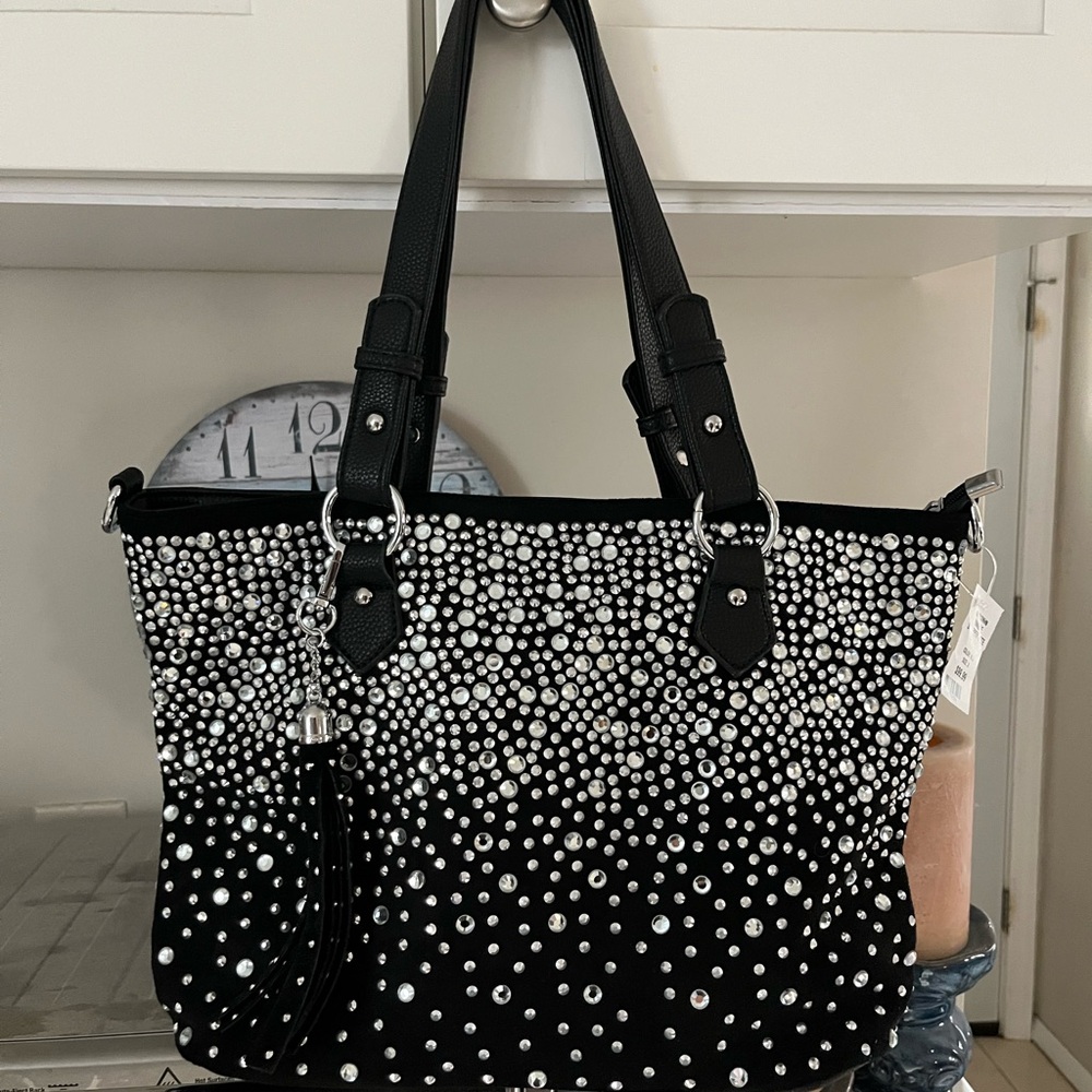 Chic Black and Silver Embellished Tote Bag